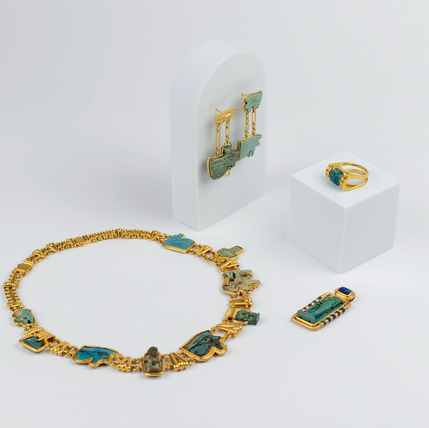 18K Gold Egyptian Revival Asymmetric Amulet Earrings