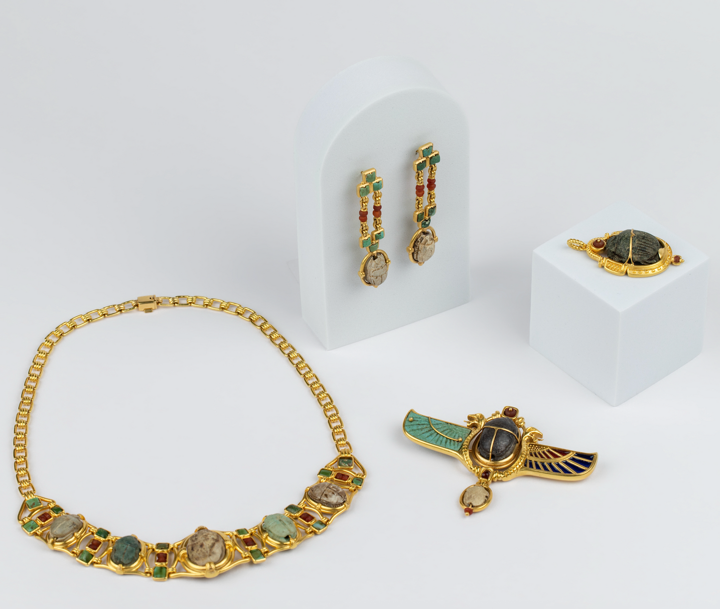 18K Gold Ancient Egyptian Revival Scarab Drop Earrings
