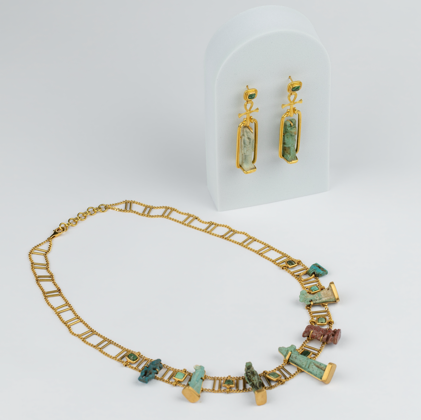 18K Gold Egyptian Deity & Ankh Drop Earrings