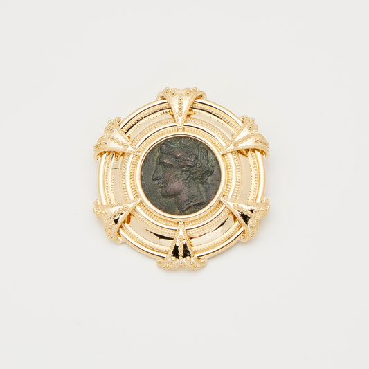 18K Gold Greek Bronze Coin Shield Brooch