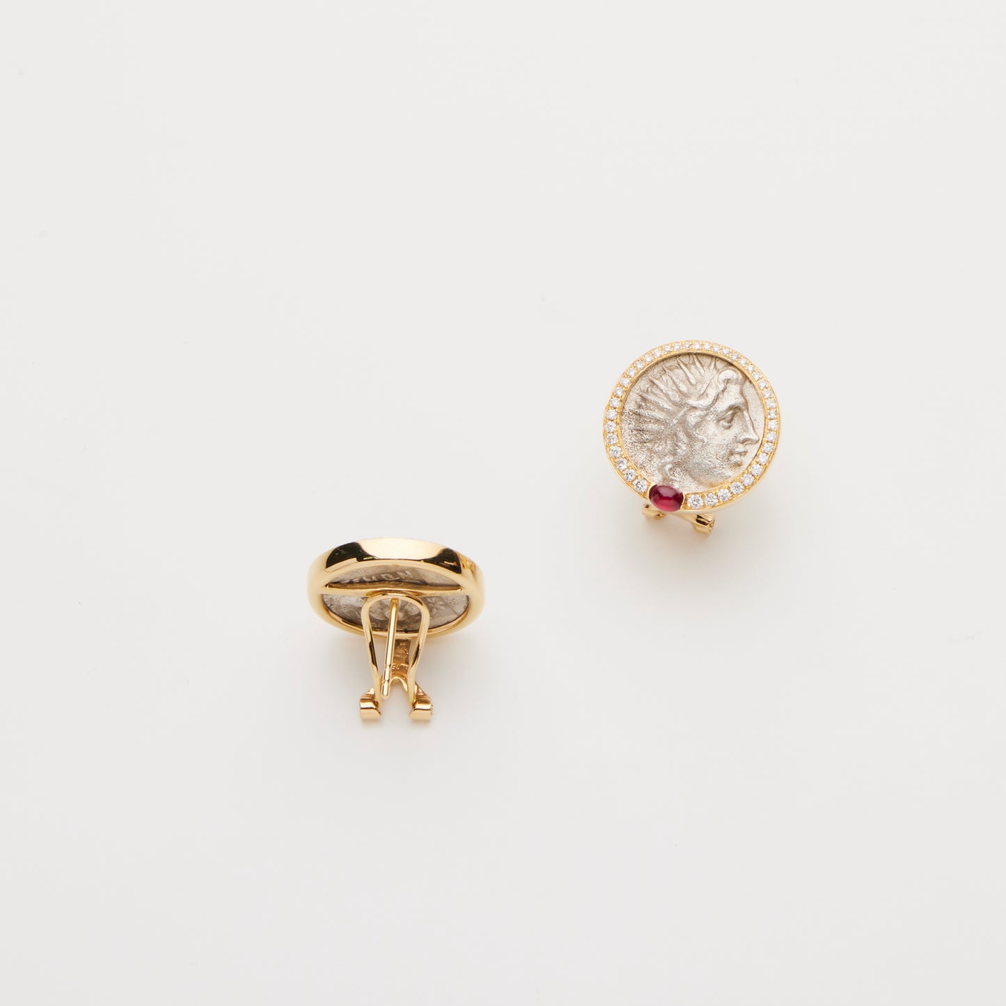 18K Gold/w Diamond & Ruby Coin Earring