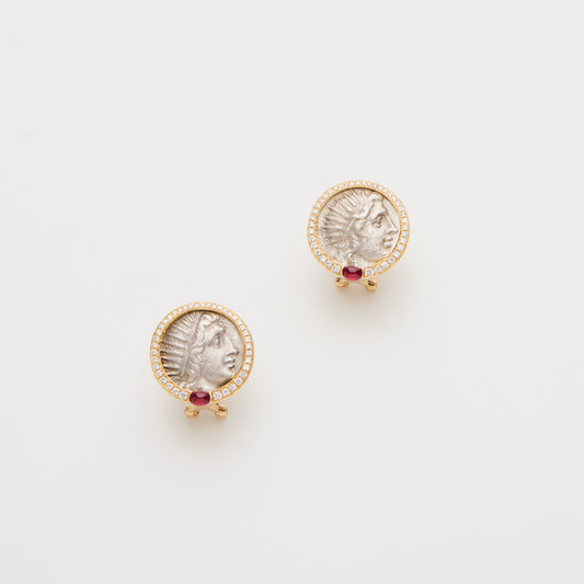 18K Gold/w Diamond & Ruby Coin Earring