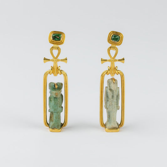 18K Gold Egyptian Deity & Ankh Drop Earrings