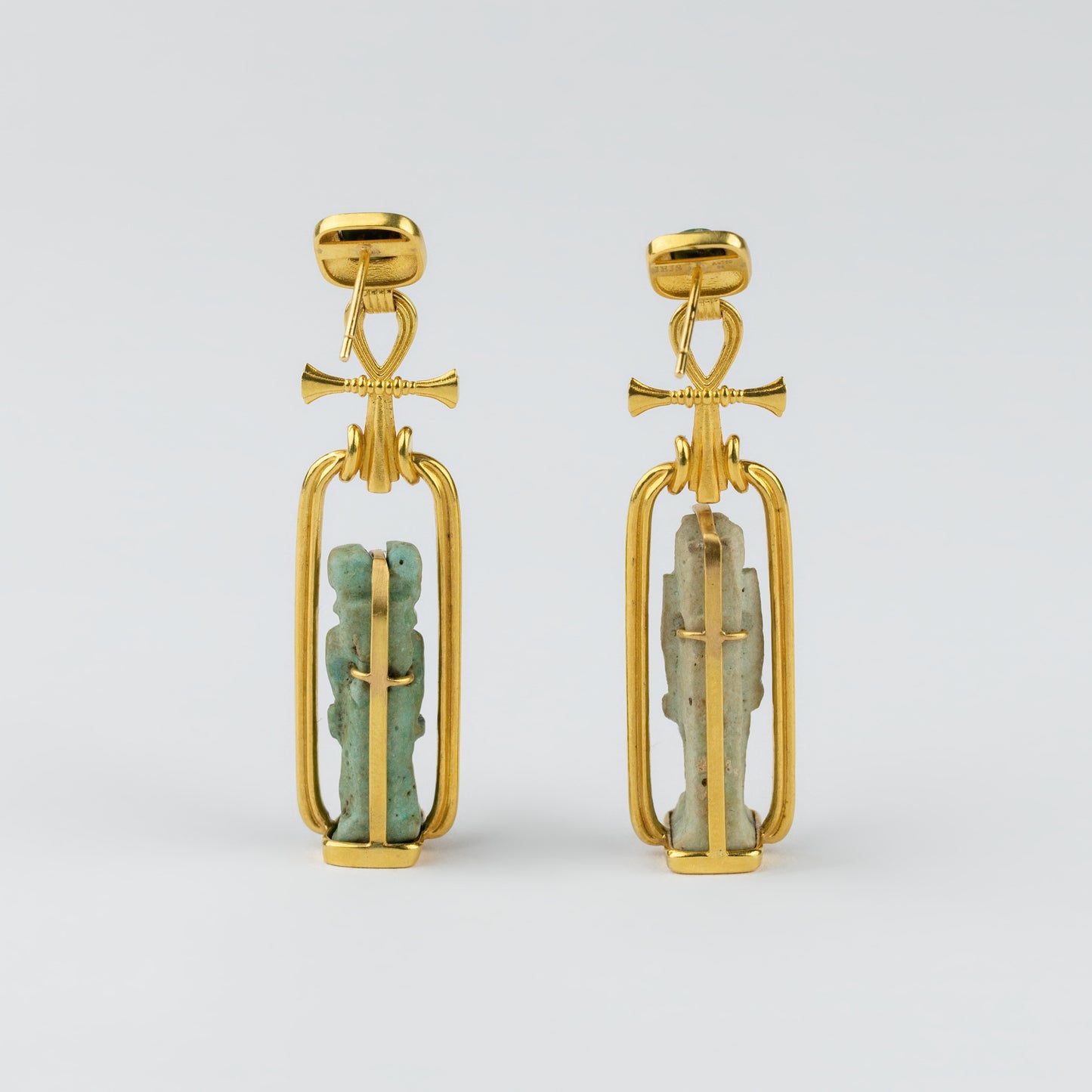 18K Gold Egyptian Deity & Ankh Drop Earrings