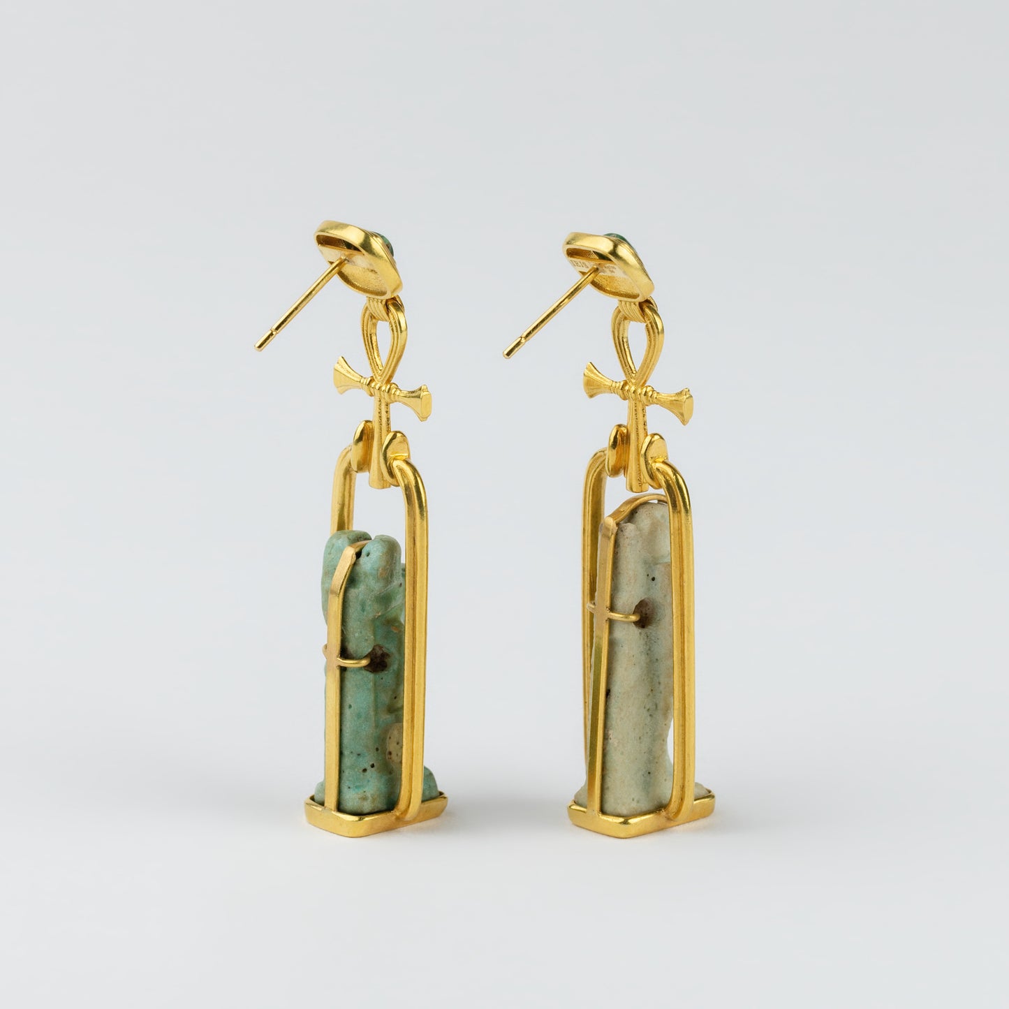 18K Gold Egyptian Deity & Ankh Drop Earrings