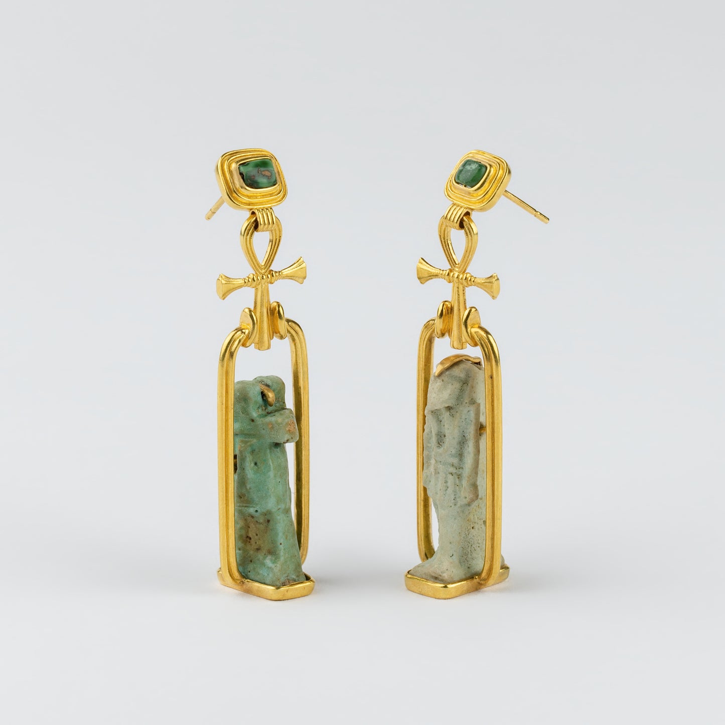 18K Gold Egyptian Deity & Ankh Drop Earrings