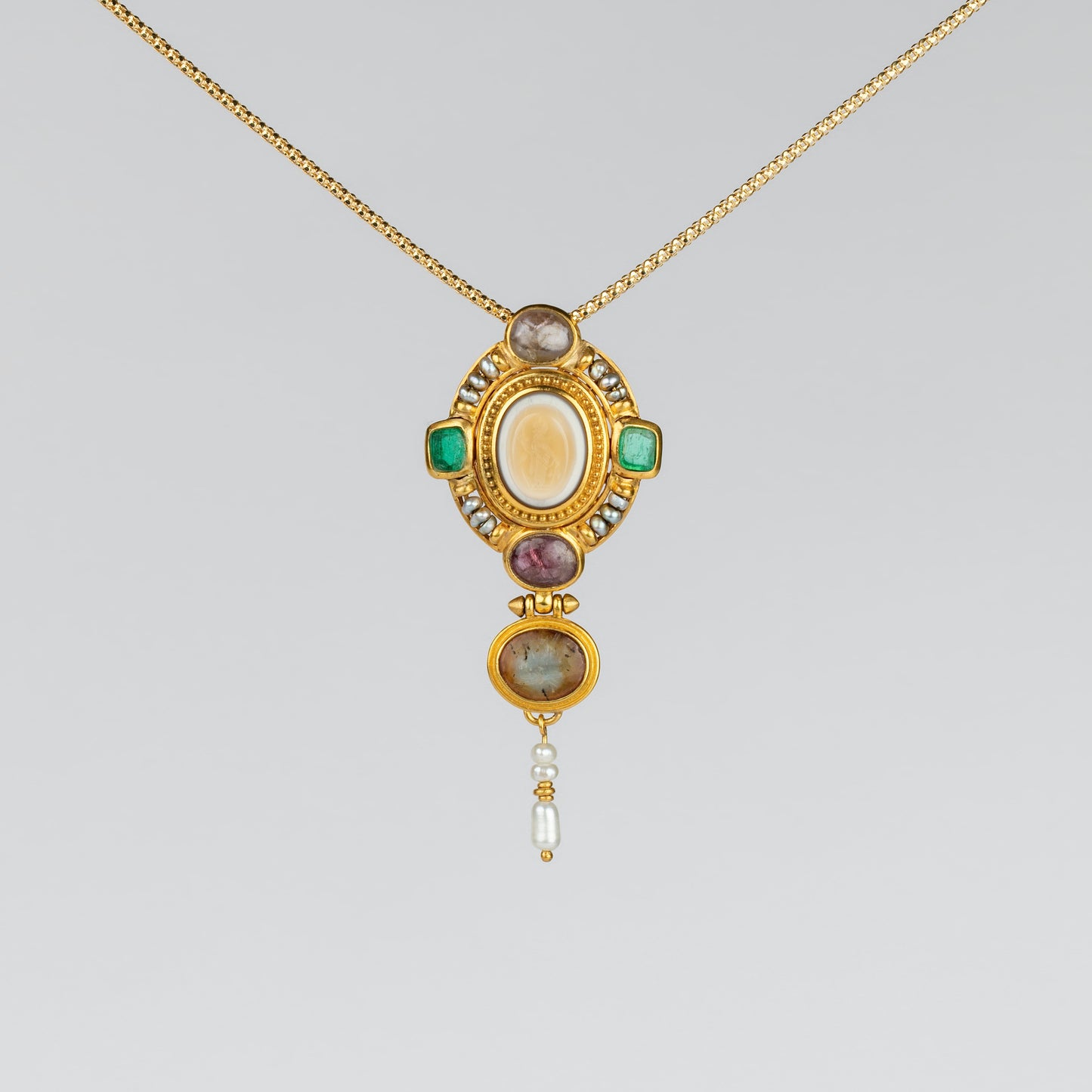 18K Gold Multi-Gemstone Byzantine Revival Pendant