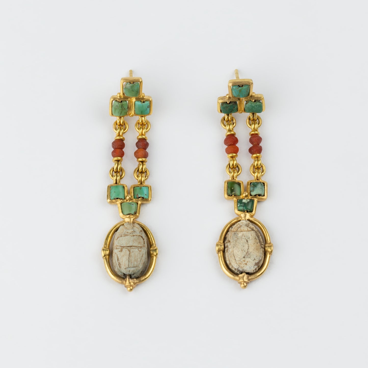 18K Gold Ancient Egyptian Revival Scarab Drop Earrings