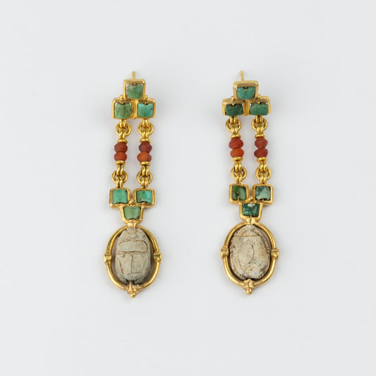 18K Gold Ancient Egyptian Revival Scarab Drop Earrings