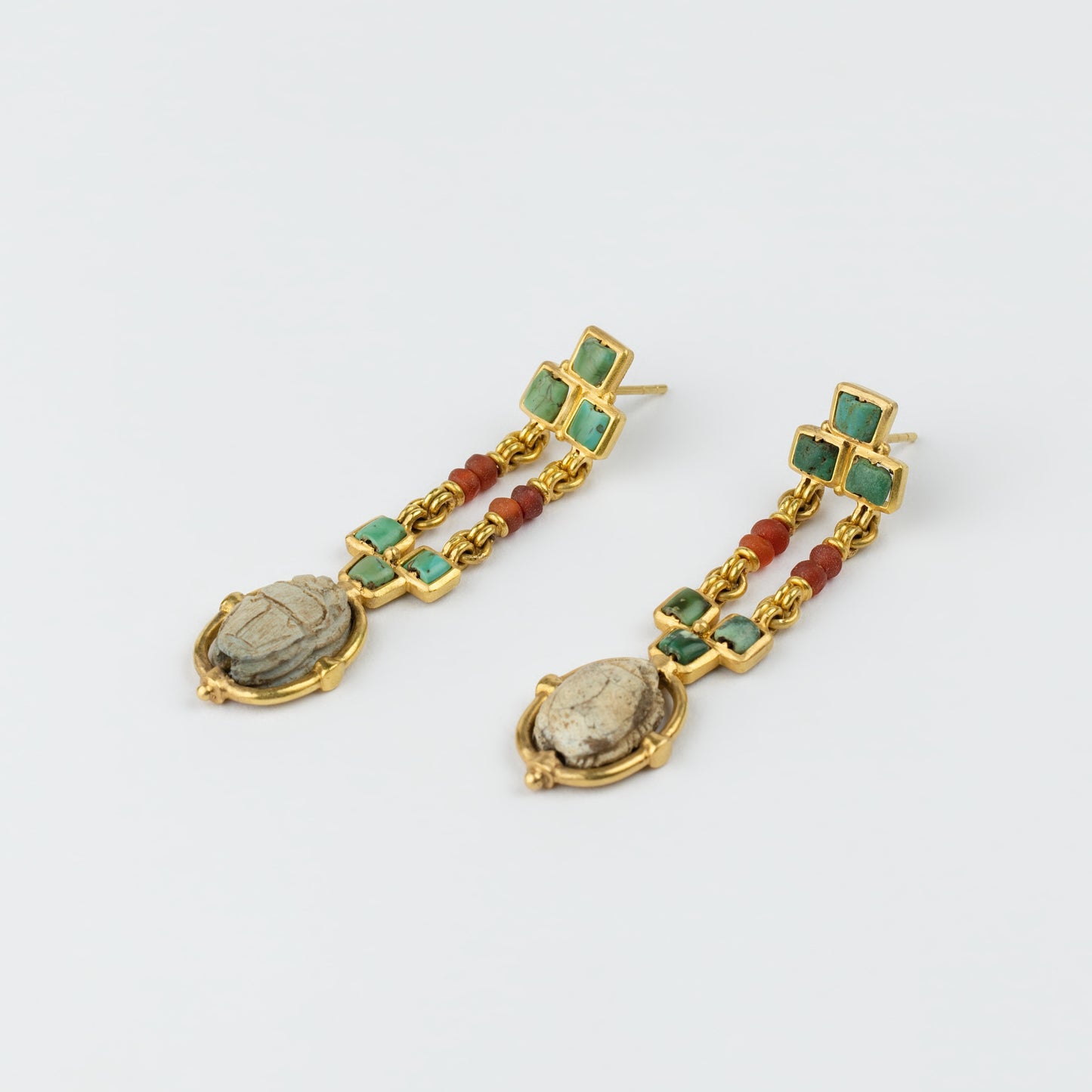 18K Gold Ancient Egyptian Revival Scarab Drop Earrings