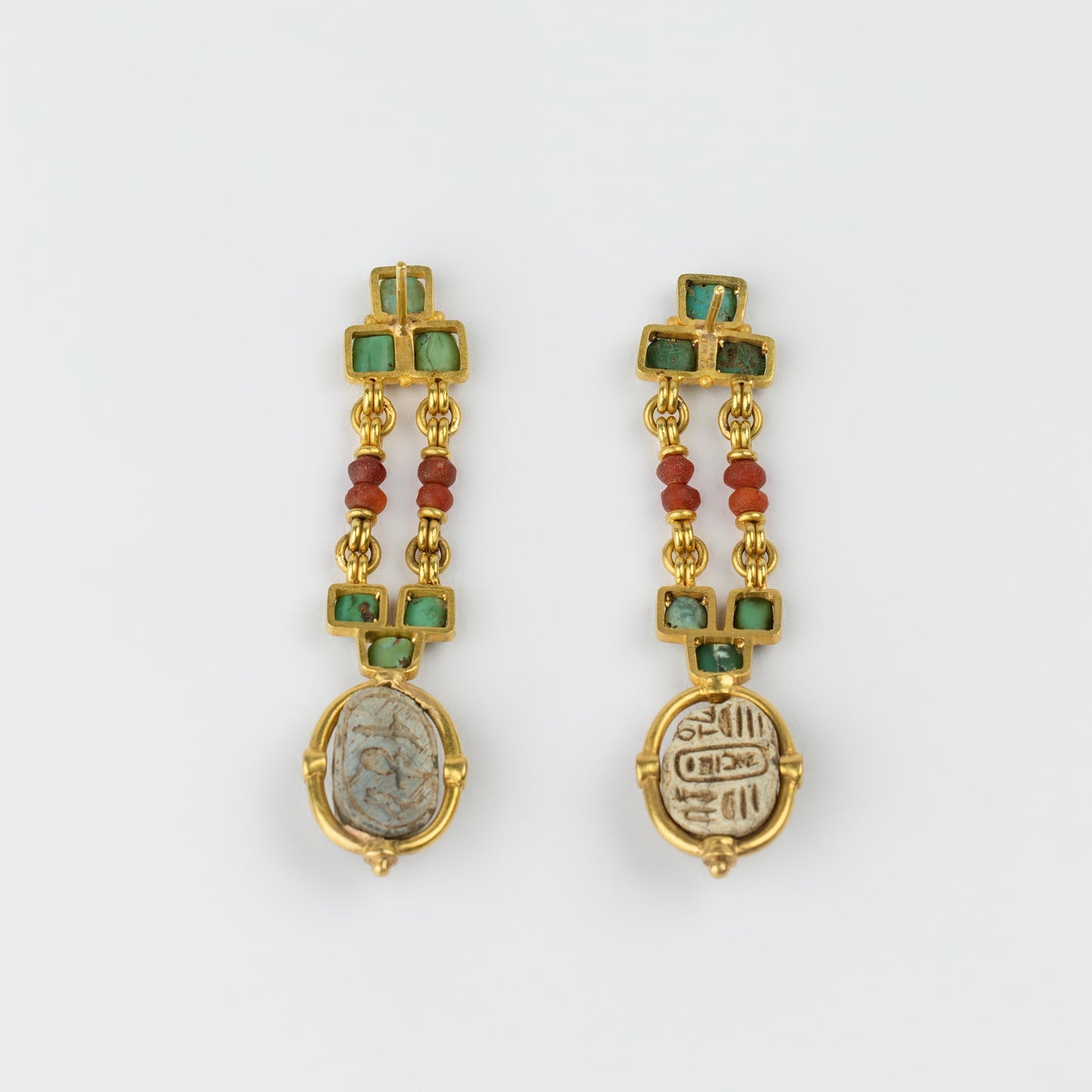 18K Gold Ancient Egyptian Revival Scarab Drop Earrings