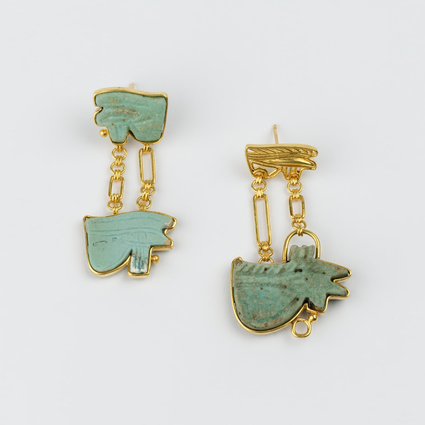 18K Gold Egyptian Revival Asymmetric Amulet Earrings