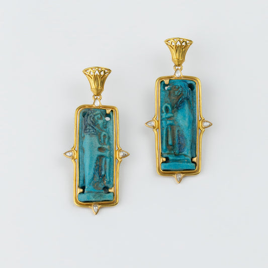 18K Gold Egyptian Lotus & Faience Deity Earrings