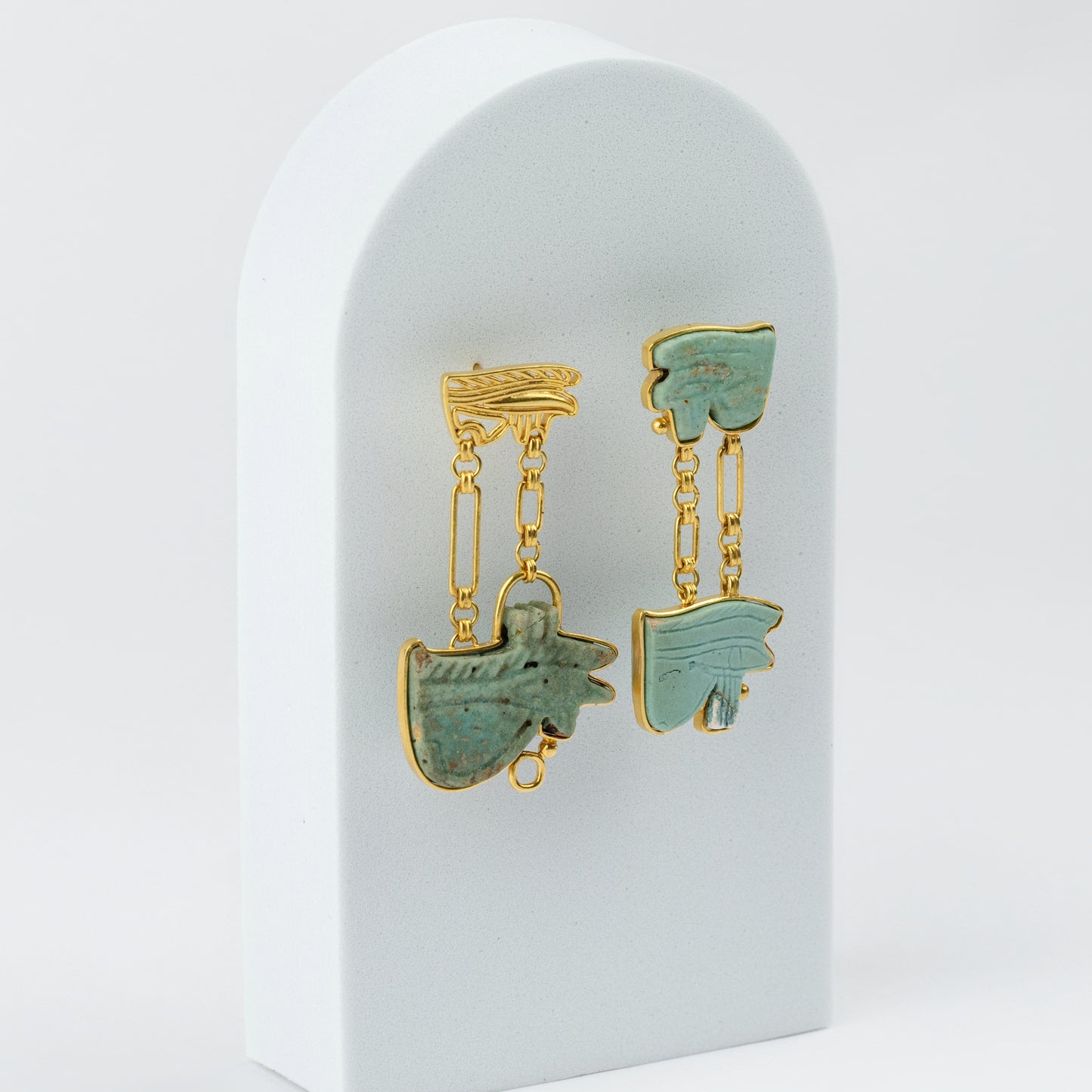 18K Gold Egyptian Revival Asymmetric Amulet Earrings