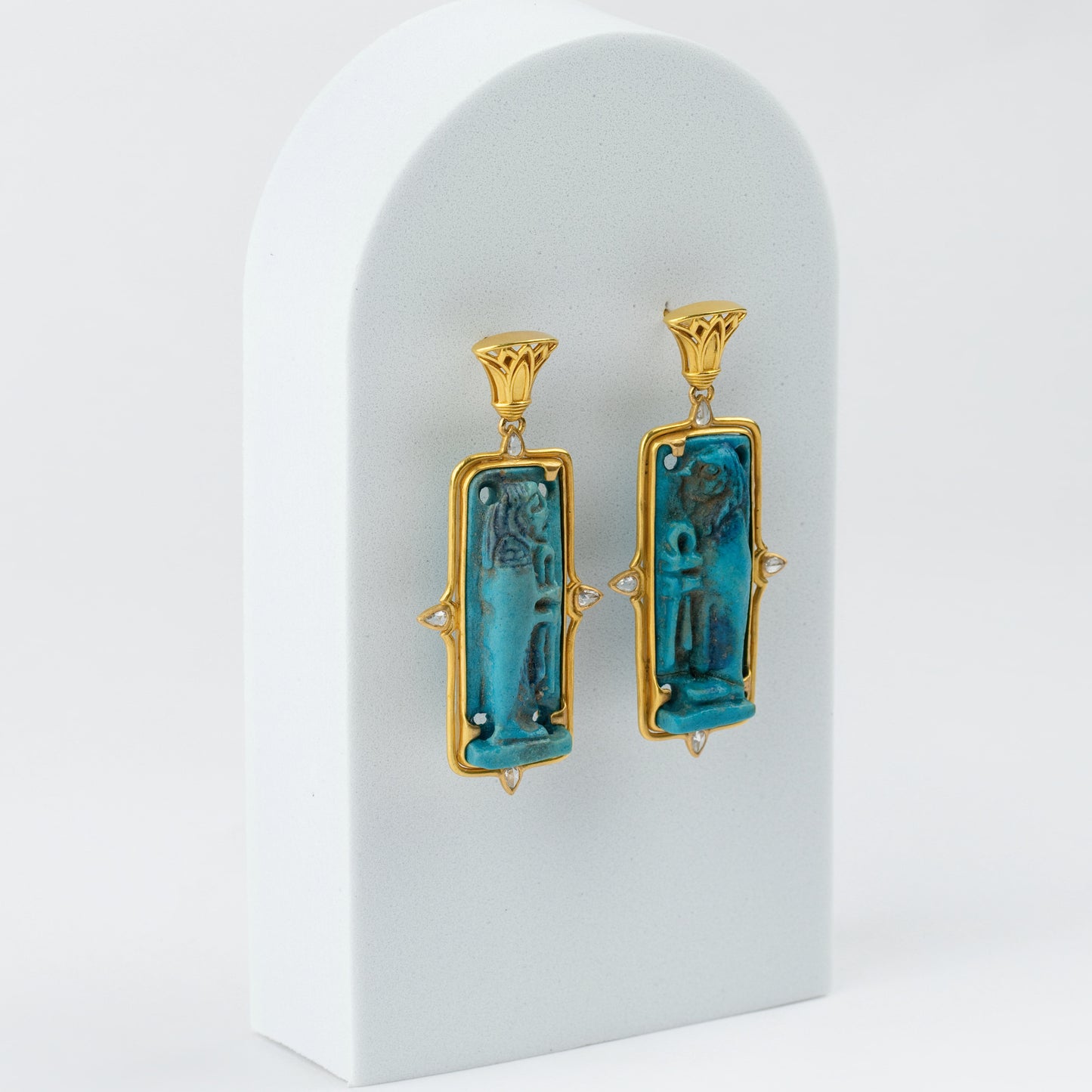 18K Gold Egyptian Lotus & Faience Deity Earrings