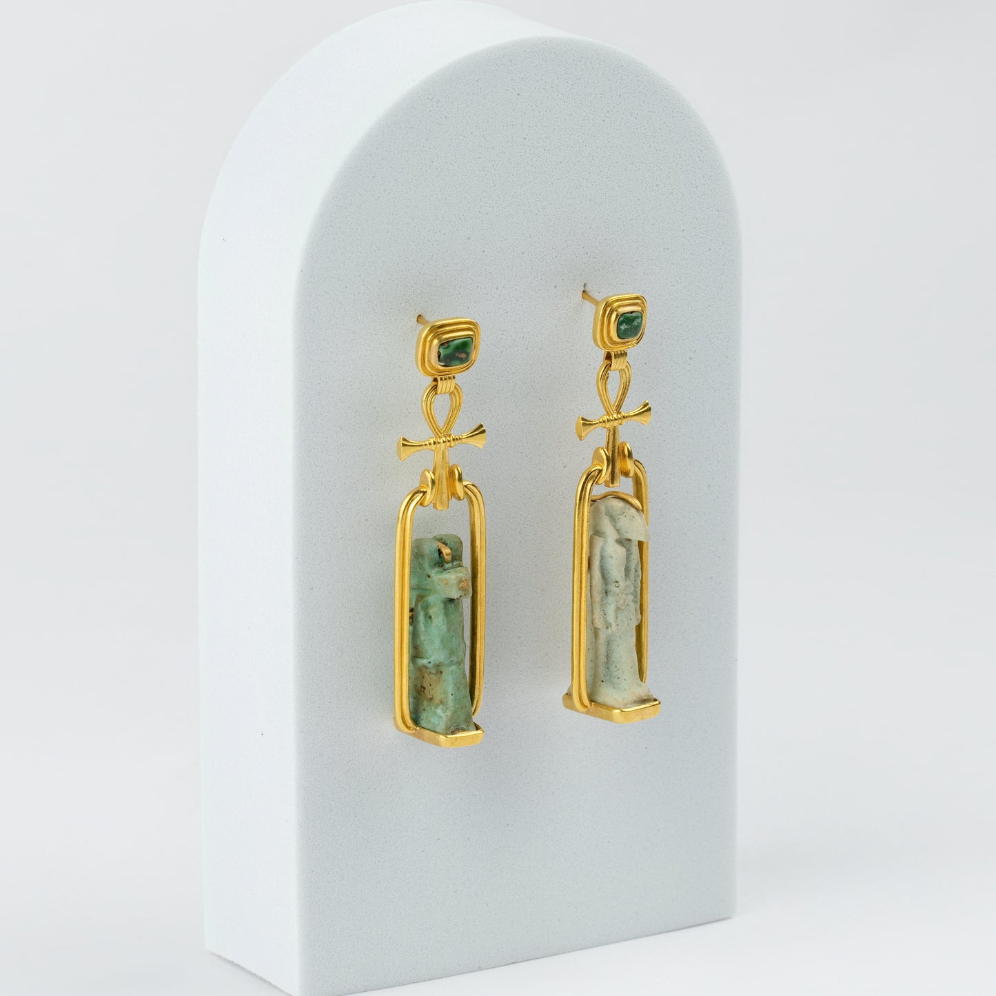 18K Gold Egyptian Deity & Ankh Drop Earrings