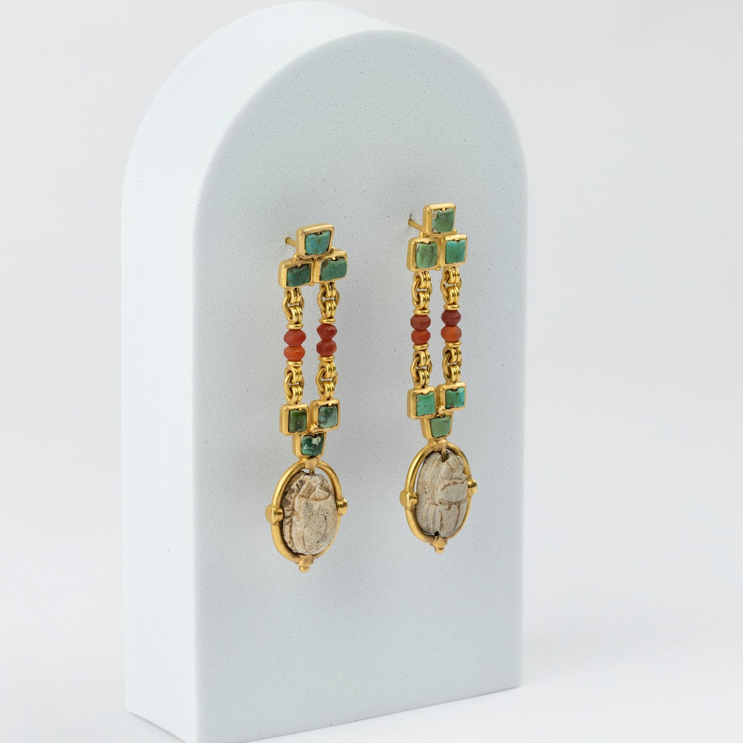 18K Gold Ancient Egyptian Revival Scarab Drop Earrings
