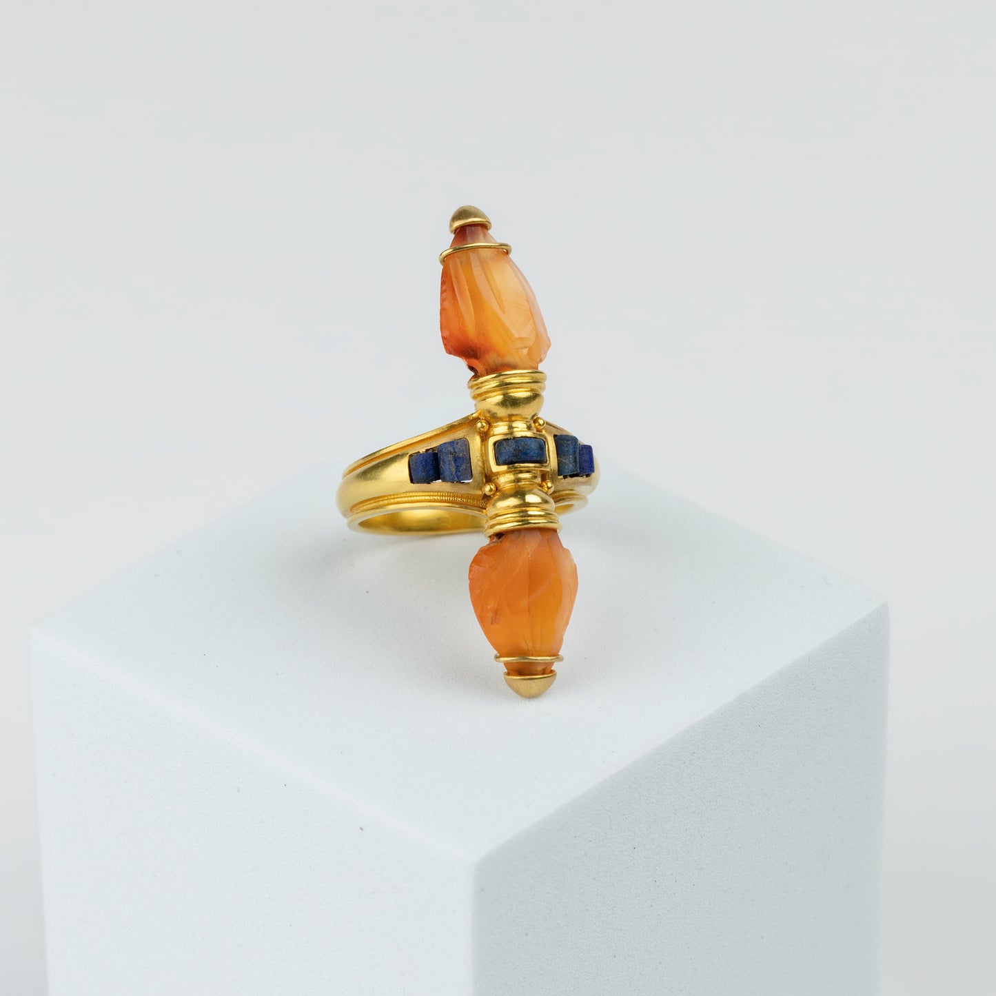 18K Gold 'Twin Arrowhead' Carnelian & Lapis Ring