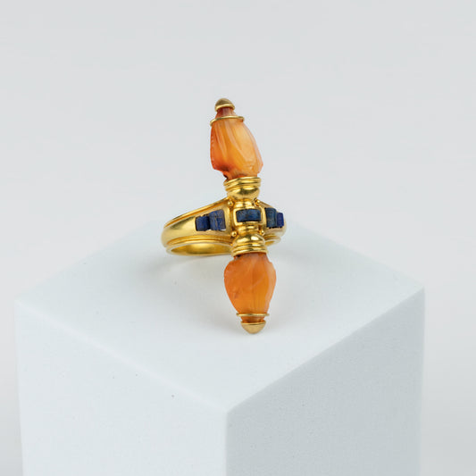 18K Gold 'Twin Arrowhead' Carnelian & Lapis Ring