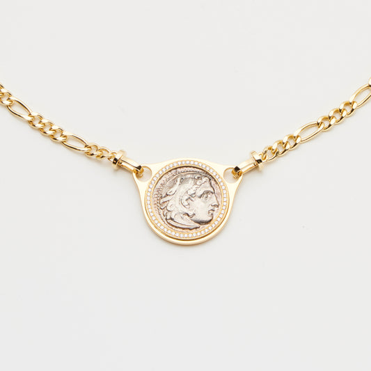 18K Gold Alexander The Great Coin Necklace w/ Diamond
