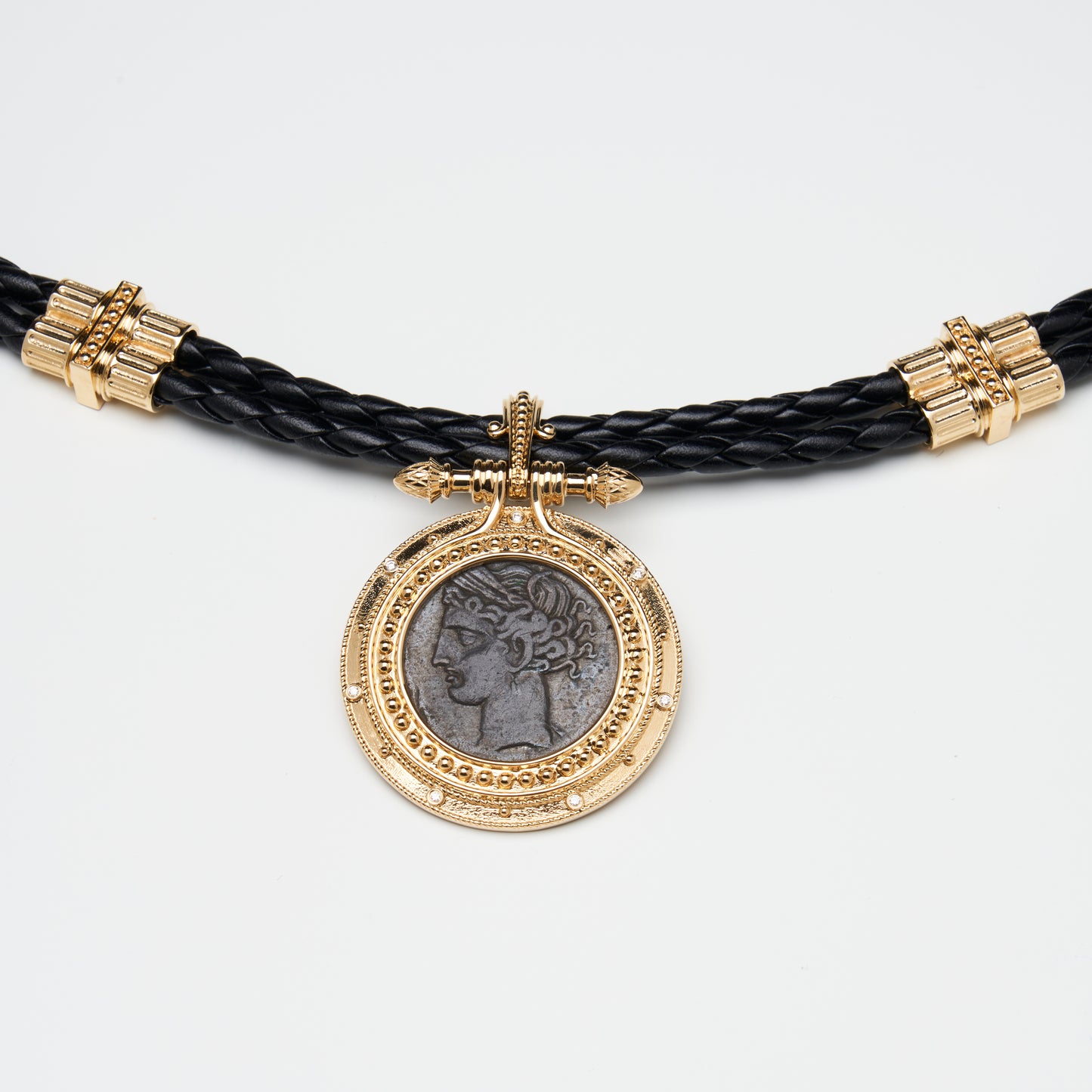 18k Ancient Tanit Bronze Coin Necklace w/ Diamonds with Leather Cord