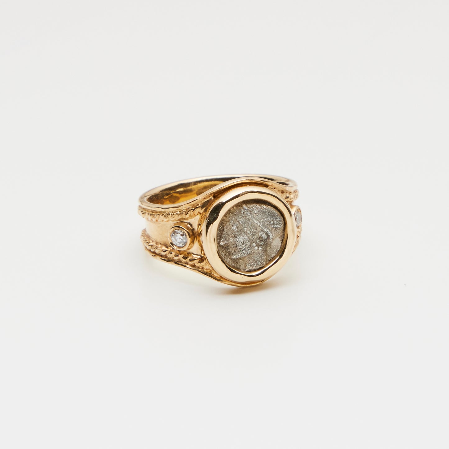 18K Gold/ w Diamonds Silver Coin Ring