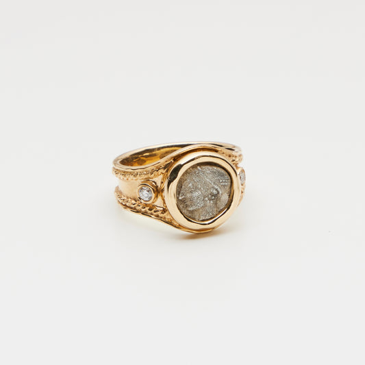 18K Gold/ w Diamonds Silver Coin Ring