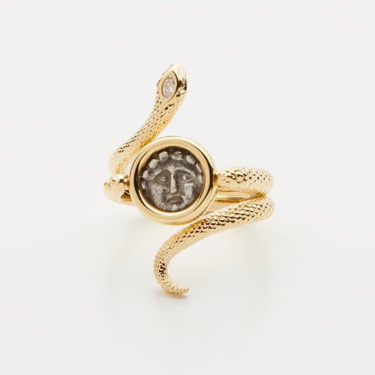 18K Gold Snake Silver Coin Ring