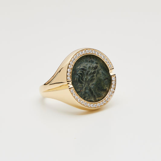 18K Gold Greek Bronze Coin Ring w/ Diamonds