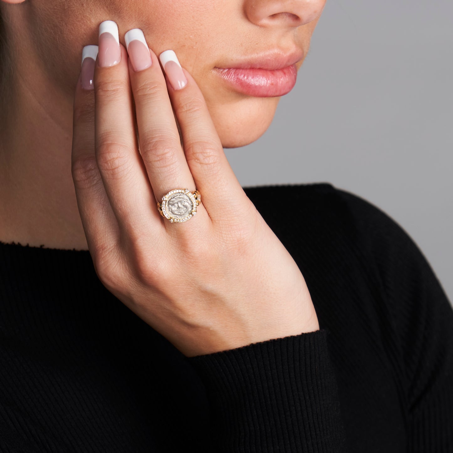 18K Gold Silver Medusa Coin Ring w/ Diamonds