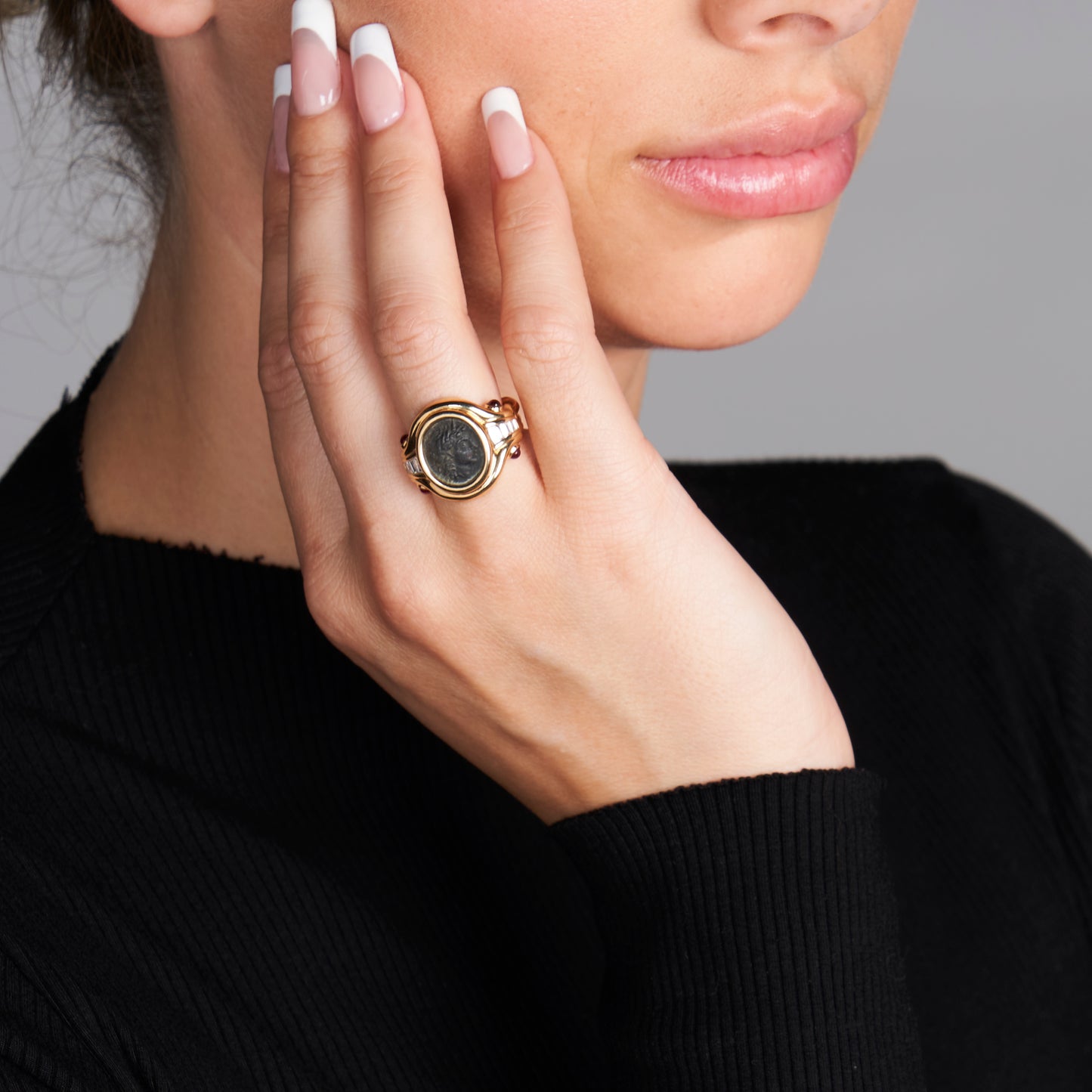 18K Gold Bronze Apollo Coin Ring w/ Diamonds & Ruby