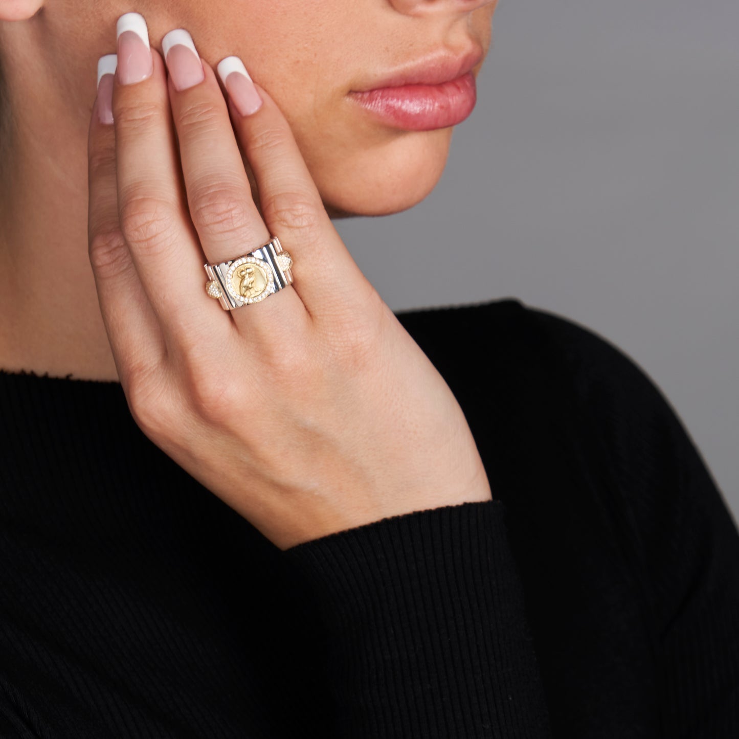 Silver & 18K Gold Owl Coin Ring w/ Diamonds