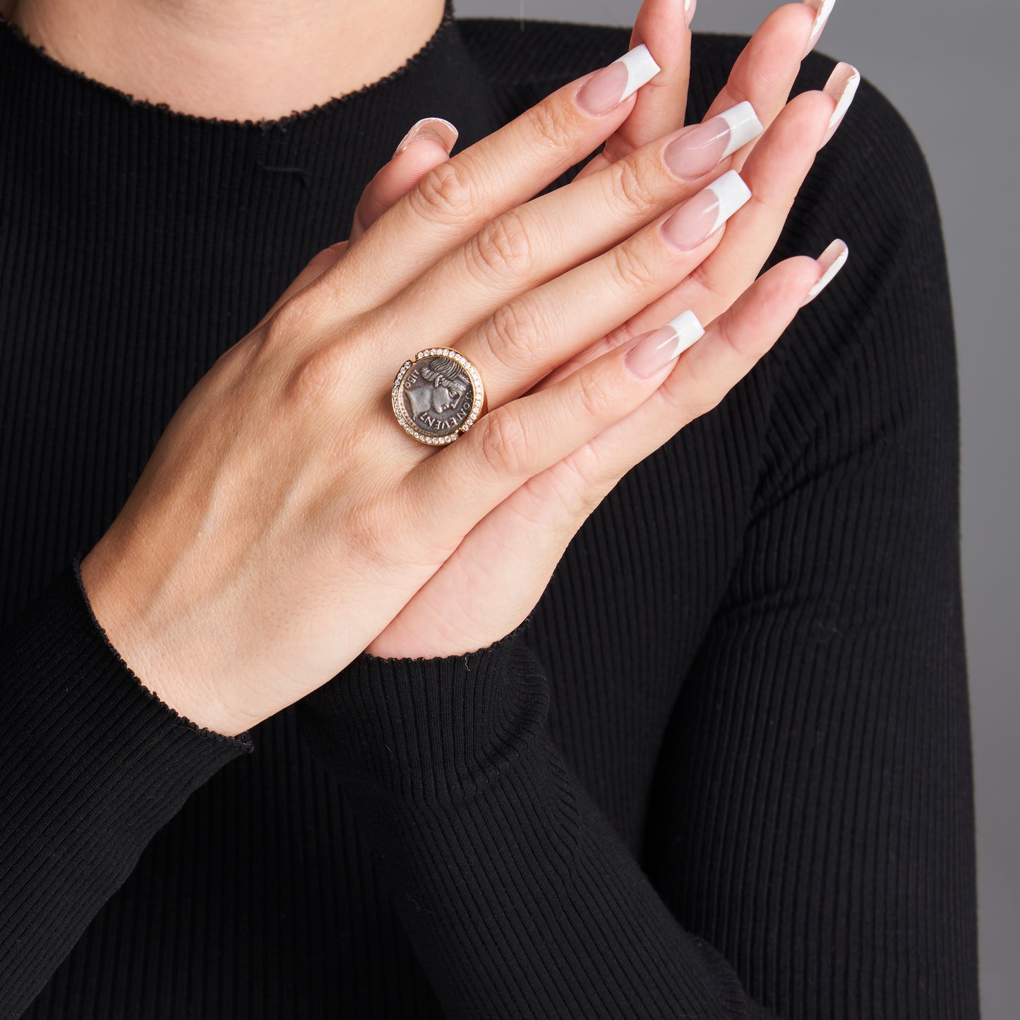 18K Gold Silver Roma Coin Ring w/ Diamonds