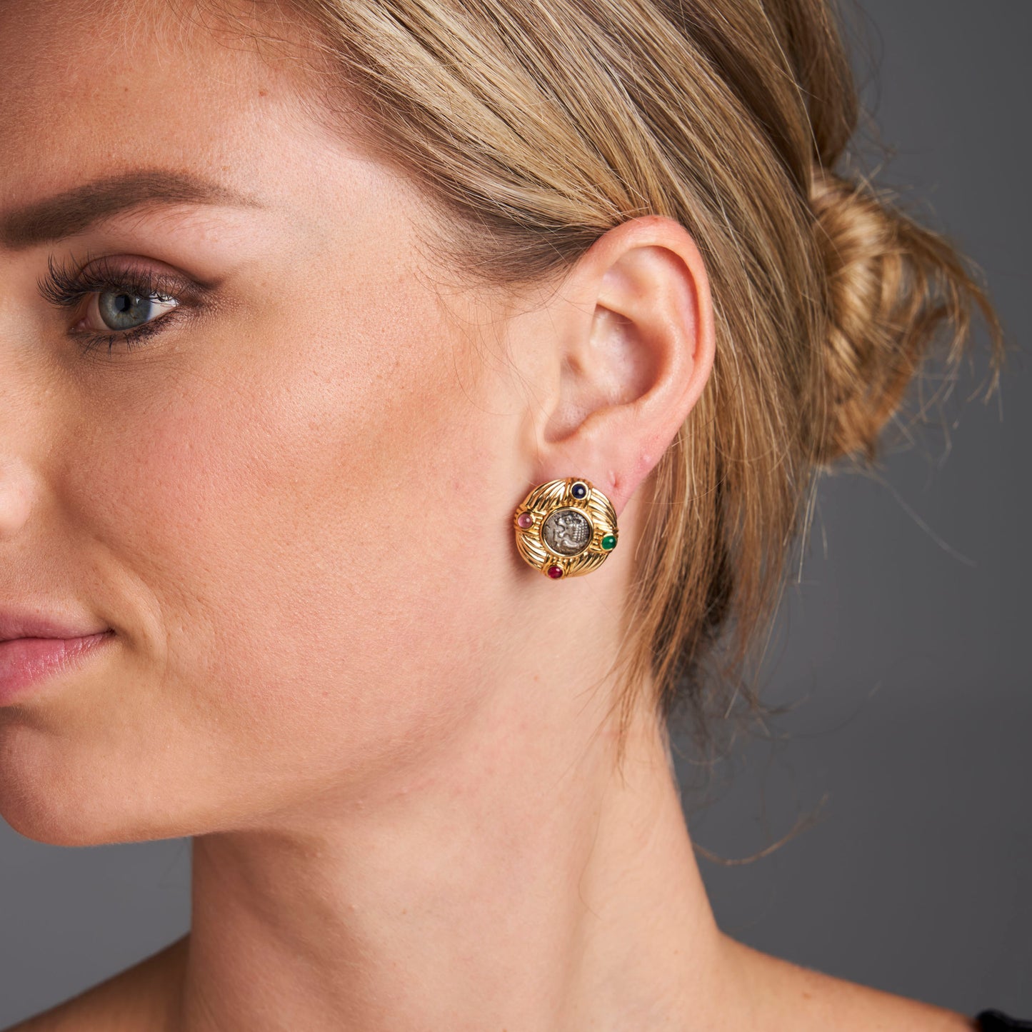 18K Gold Multi-gemstone Coin Earring