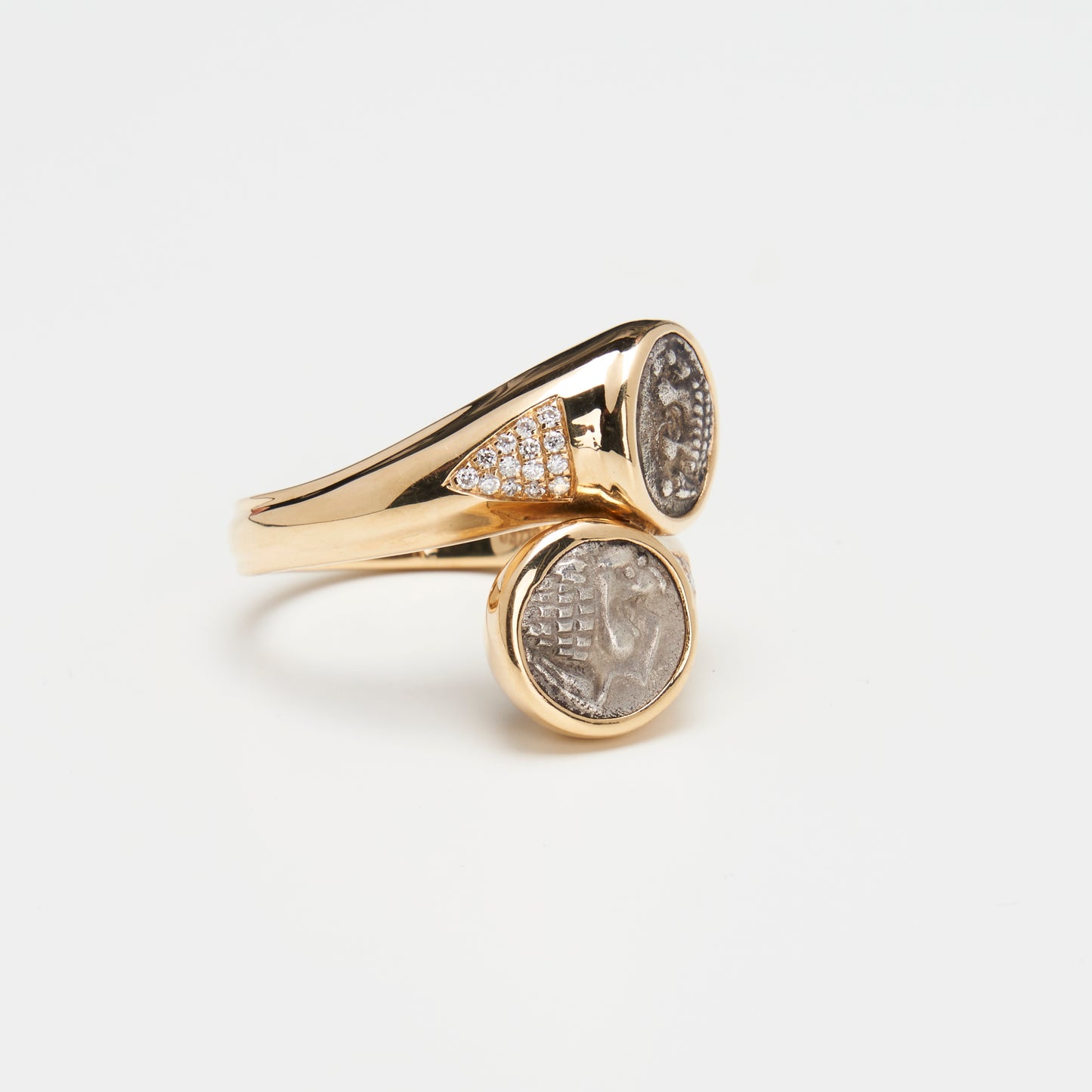 18K Gold Double Coins Crossover Ring w/ Diamond