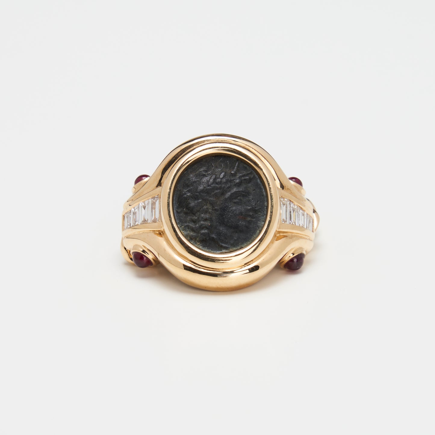 18K Gold Bronze Apollo Coin Ring w/ Diamonds & Ruby