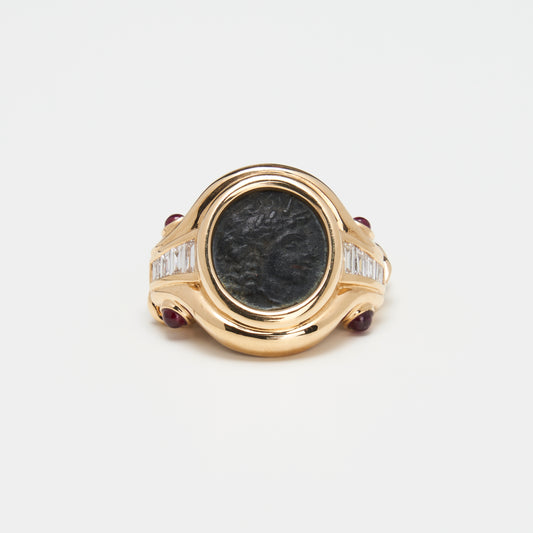 18K Gold Bronze Apollo Coin Ring w/ Diamonds & Ruby