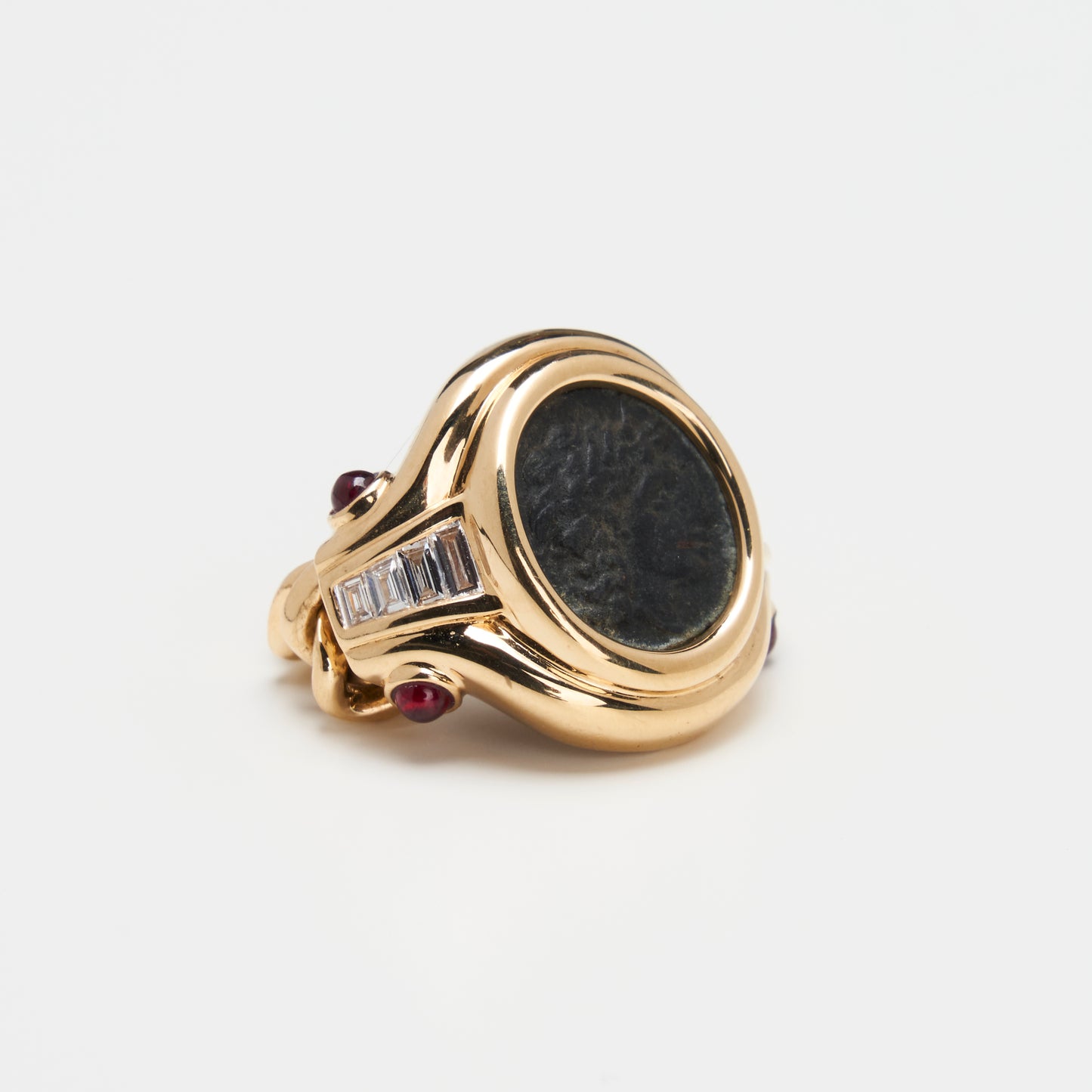 18K Gold Bronze Apollo Coin Ring w/ Diamonds & Ruby