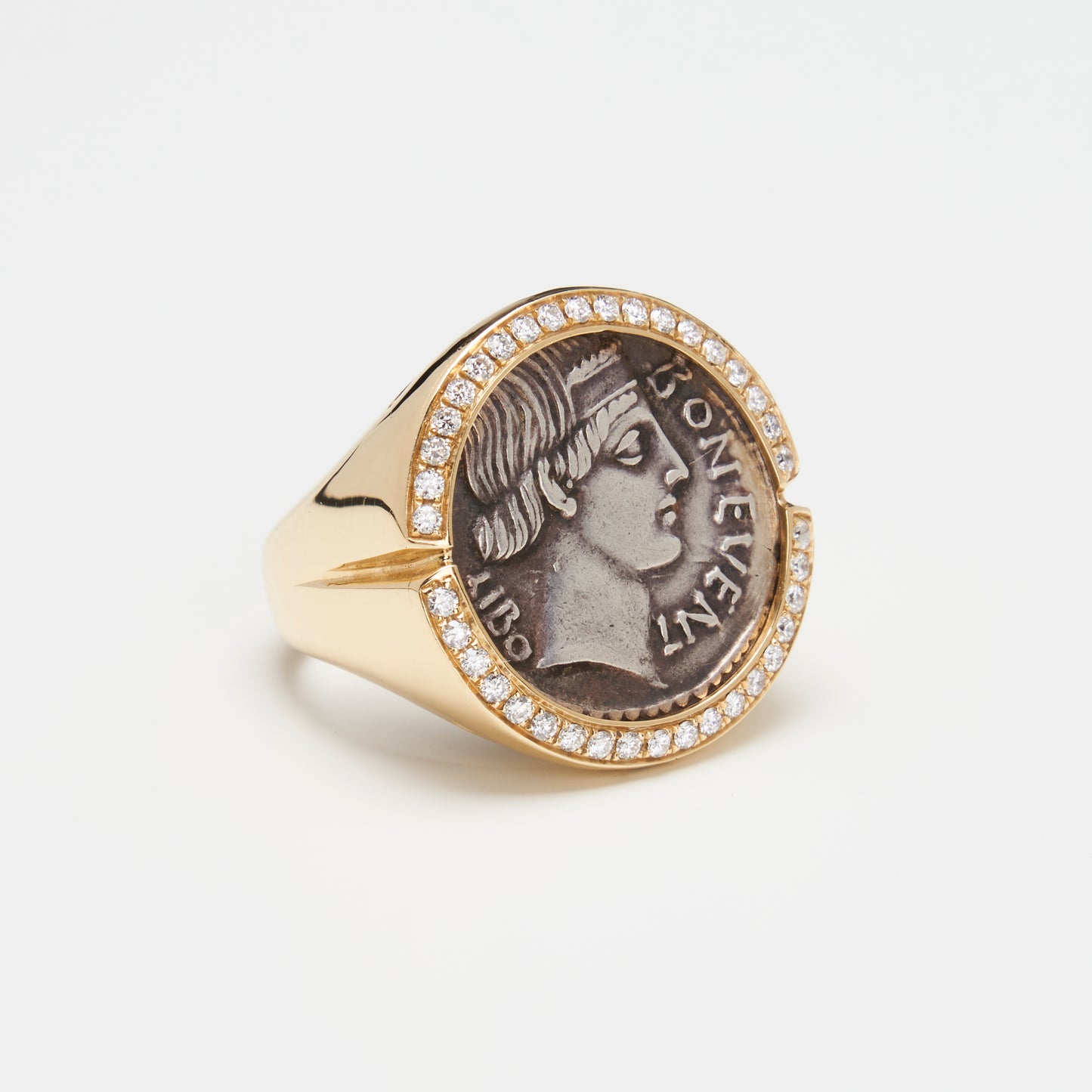 18K Gold Silver Roma Coin Ring w/ Diamonds