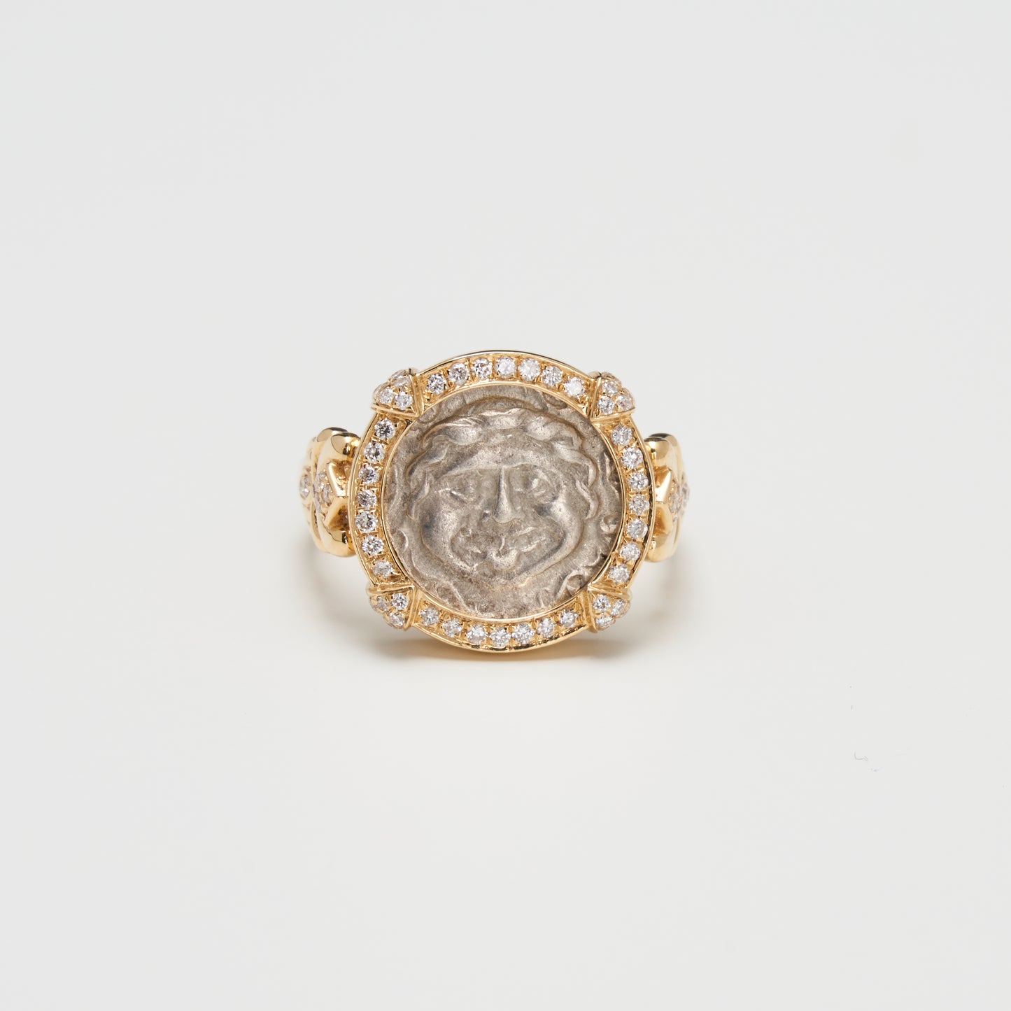 18K Gold Silver Medusa Coin Ring w/ Diamonds