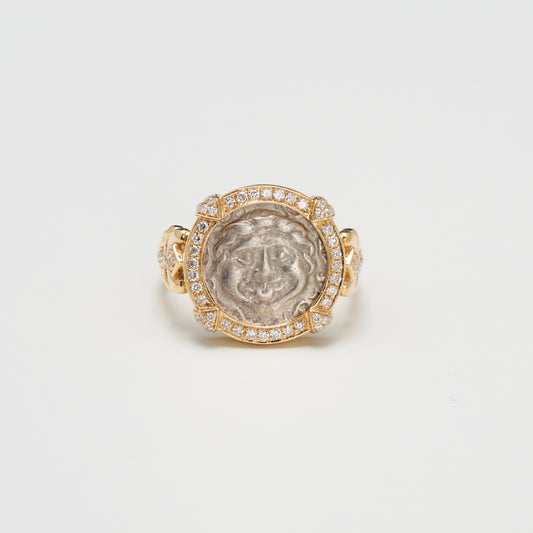 18K Gold Silver Medusa Coin Ring w/ Diamonds