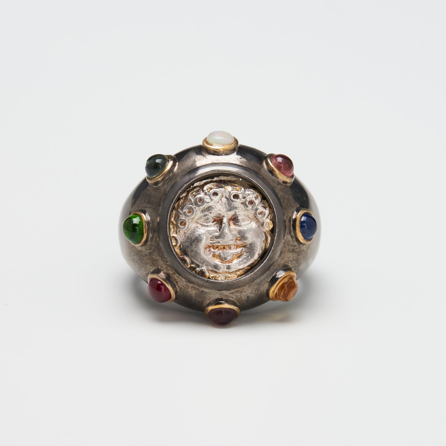 18k Gold Multi-Gemstone Medusa Coin Ring