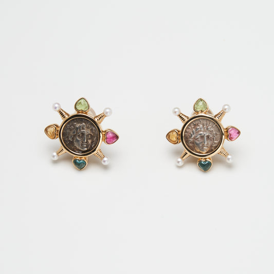 18K Gold Multi-gemstone Sunburst Earring