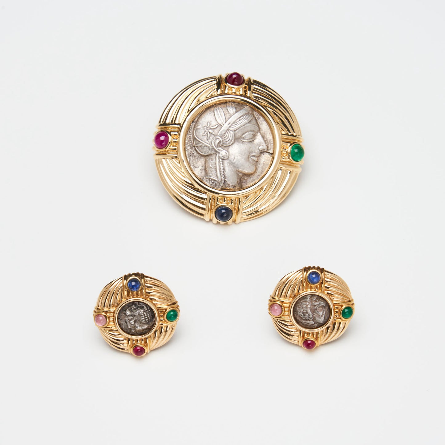 18K Gold Multi-gemstone Coin Brooch/ Pendant