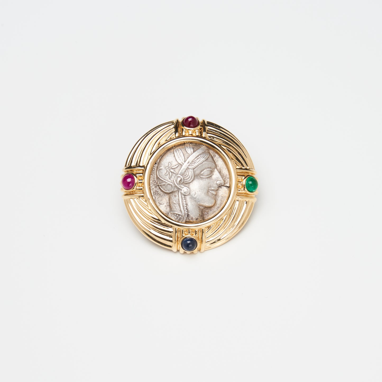 18K Gold Multi-gemstone Coin Brooch/ Pendant