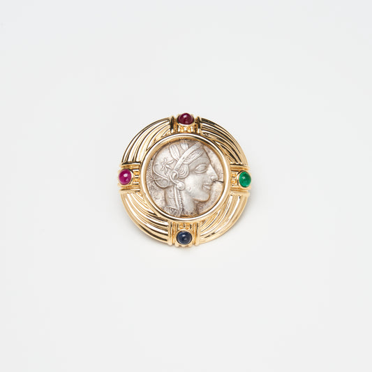 18K Gold Multi-gemstone Coin Brooch/ Pendant