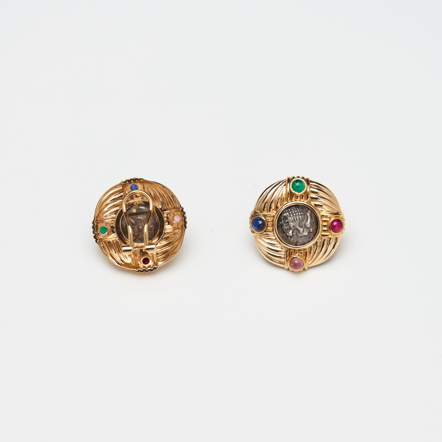 18K Gold Multi-gemstone Coin Earring