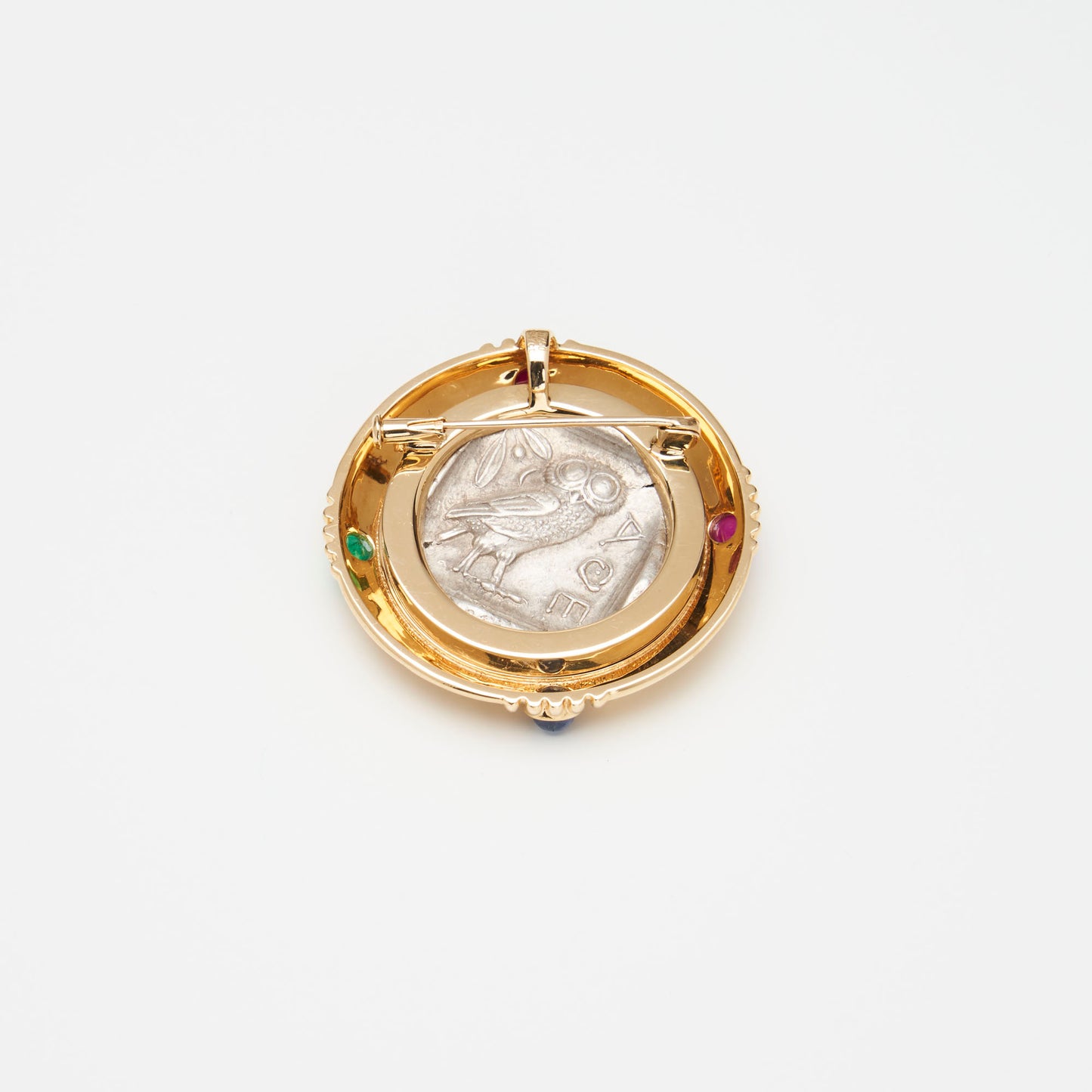 18K Gold Multi-gemstone Coin Brooch/ Pendant