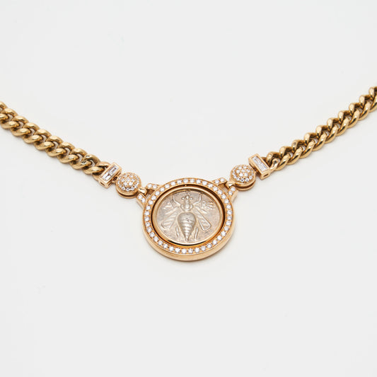 18K Gold Reversible Bee Coin Necklace w/ Diamonds