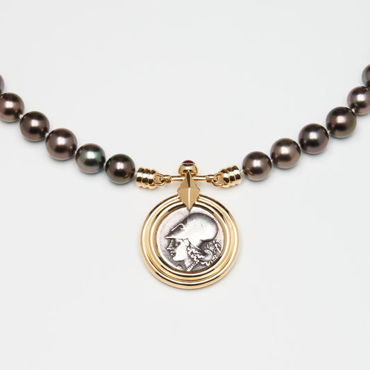 Tahitian Pearl Necklace with 18K Gold Athena/Pegasus Coin & Black Pendant